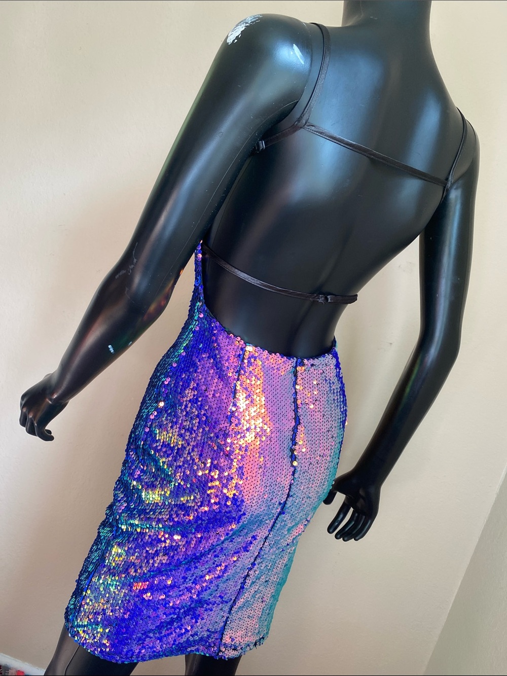 Iridescent Multi-Sequin Cowl Midi Dress - Black Straps - Picture 8 of 12